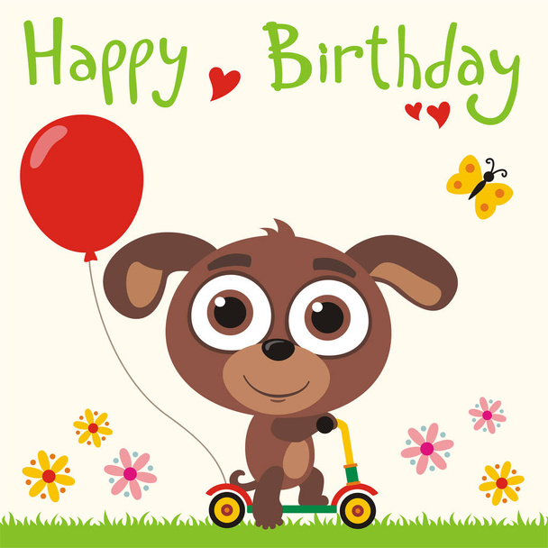 greeting card with cute funny cartoon character of puppy with big eyes on scooter with red balloon at meadow and text Happy birthday - Vektori, kuva