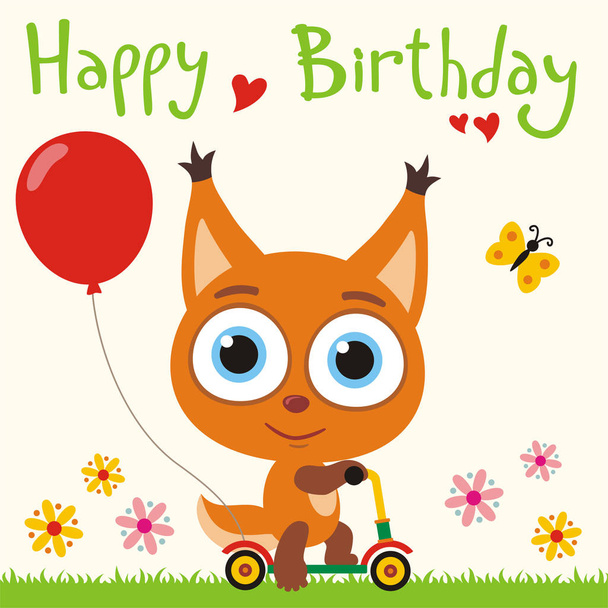 greeting card with cute funny cartoon character of squirrel with big eyes on scooter with red balloon at meadow and text Happy birthday - ベクター画像