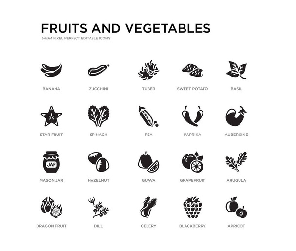 set of 20 black filled vector icons such as apricot, arugula, aubergine, basil, blackberry, celery, star fruit, sweet potato, tuber, zucchini. fruits and vegetables black icons collection. editable - Vector, Image