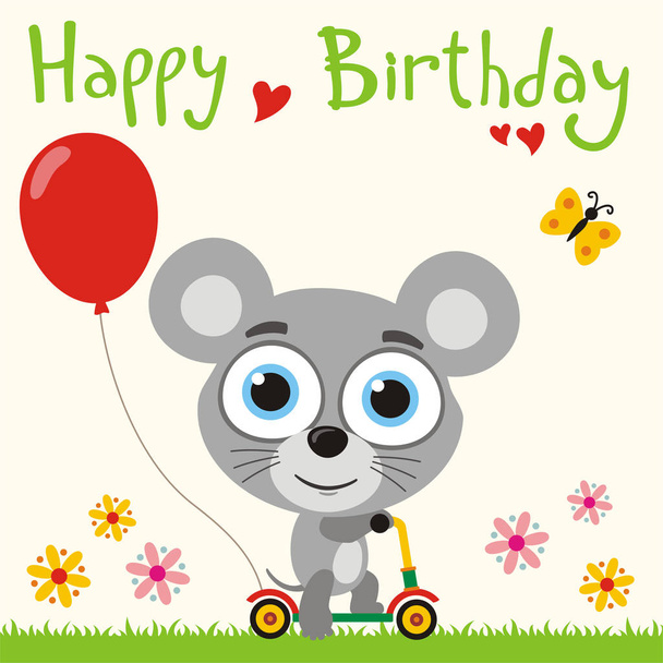 greeting card with cute funny cartoon character of mouse with big eyes on scooter with red balloon at meadow and text Happy birthday - Vector, afbeelding