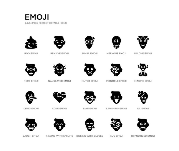 Σύνολο 20 μαύρο γεμάτο διανυσματικά εικονίδια όπως υπνωτισμένη emoji, άρρωστο emoji, φανταστείτε emoji, στην αγάπη Ju φιλιά με κλειστά μάτια φυτό νευρική νίντζα εντυπωσιακή συλλογή μαύρων εικονιδίων. επεξεργάσιμο pixel - Διάνυσμα, εικόνα