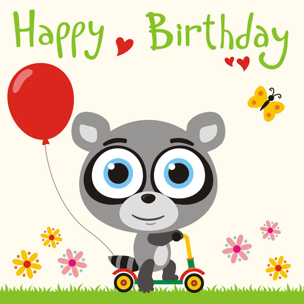 greeting card with cute funny cartoon character of raccoon with big eyes on scooter with red balloon at meadow and text Happy birthday - ベクター画像