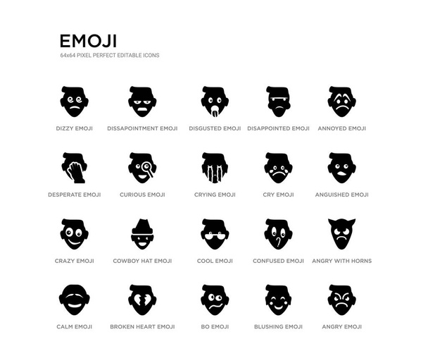 Σετ των 20 μαύρο γεμάτο διανυσματικά εικονίδια, όπως το θυμωμένο emoji, θυμωμένος με κέρατα emoji, αγωνιωμένα emoji, ενοχλημένος κοκκίνισμα Bo απελπισμένος απογοητευμένος αηδιασμένος απογοήτευση μαύρη συλλογή εικονιδίων. Επεξεργάσιμο - Διάνυσμα, εικόνα