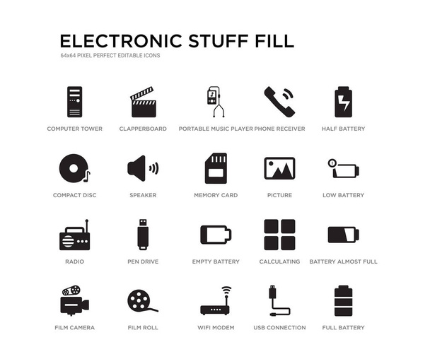 zestaw 20 czarnych ikon wektorowych, takich jak Pełna bateria, bateria prawie pełna, niska bateria, połowa połączenia USB, modem WiFi, płyta kompaktowa, odbiornik telefonu, przenośny odtwarzacz muzyczny, clapperboard. - Wektor, obraz