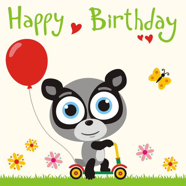 greeting card with cute funny cartoon character of badger with big eyes on scooter with red balloon at meadow and text Happy birthday - ベクター画像
