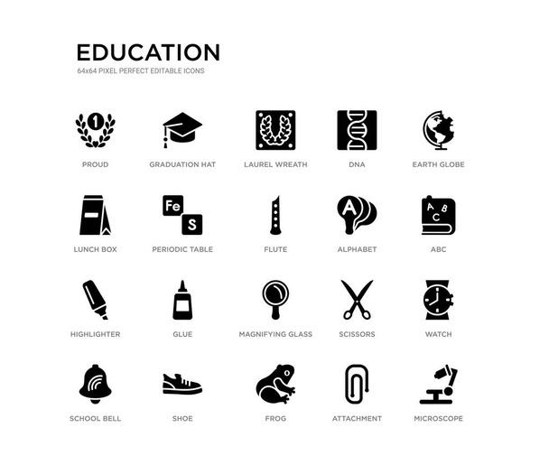 set of 20 black filled vector icons such as microscope, watch, abc, earth globe, attachment, frog, lunch box, dna, laurel wreath, graduation hat. education black icons collection. editable pixel - Vector, Image