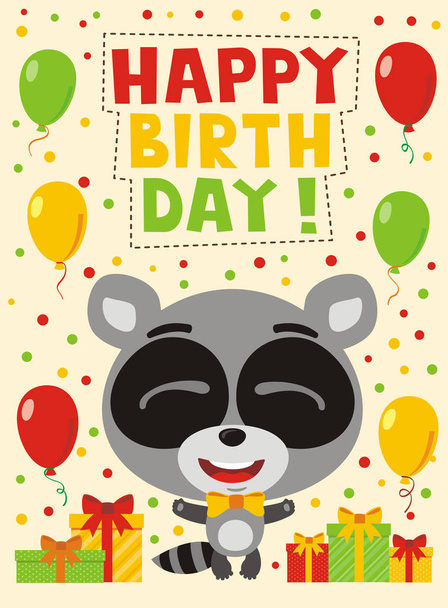greeting card with cute funny cartoon character of happy raccoon smiling among gifts and balloons with confetti and text Happy birthday - Vektor, kép