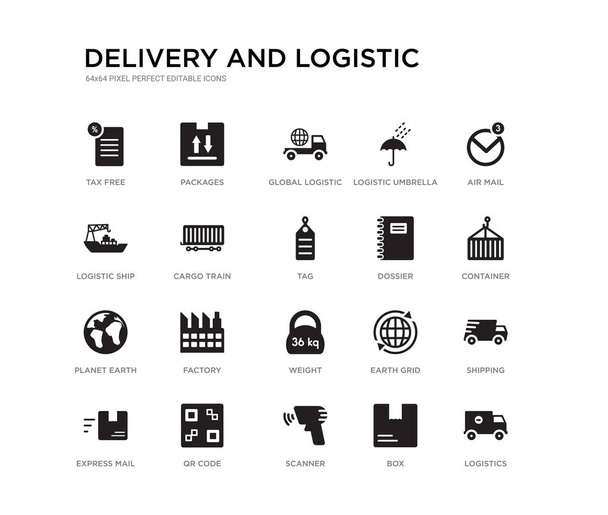 set of 20 black filled vector icons such as logistics, shipping, container, air mail, box, scanner, logistic ship, logistic umbrella, global logistic, packages. delivery and black icons collection. - Vector, Image