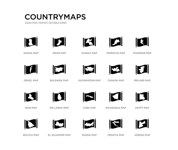 set van 20 zwart gevuld vector iconen zoals Jordanië kaart, Egypte kaart, Ierland kaart, Myanmar Kroatië Rusland Israël Marokko Koeweit Oman countrymaps zwarte iconen collectie. bewerkbare Pixelperfect - Vector, afbeelding