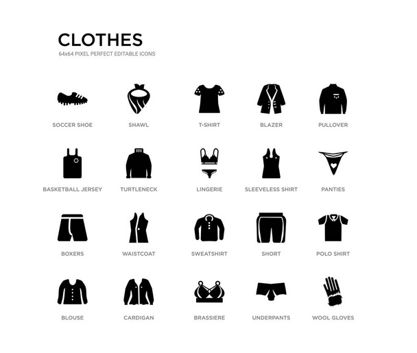 conjunto de 20 ícones vetoriais cheios de preto, como luvas de lã, camisa de pólo, calcinha, pulôver, cuecas, sutiã, camisa de basquete, blazer, t-shirt, xale. roupas coleção ícones pretos. editável
 - Vetor, Imagem