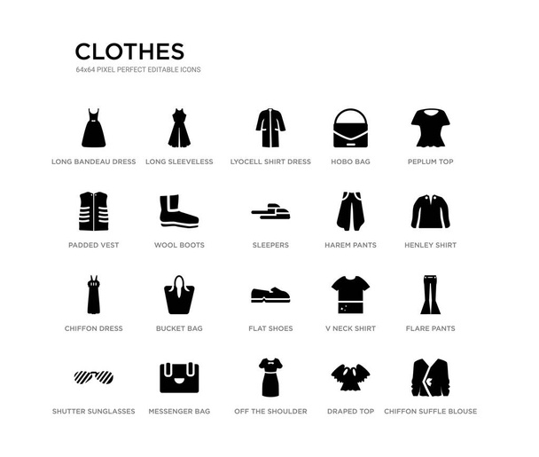 conjunto de 20 ícones vetoriais pretos preenchidos, como blusa de chiffon suffle, calças flare, camisa henley, top peplum, top drapeado, fora do vestido de ombro, colete acolchoado, saco de vagabundo, vestido de camisa lyocell, longo
 - Vetor, Imagem