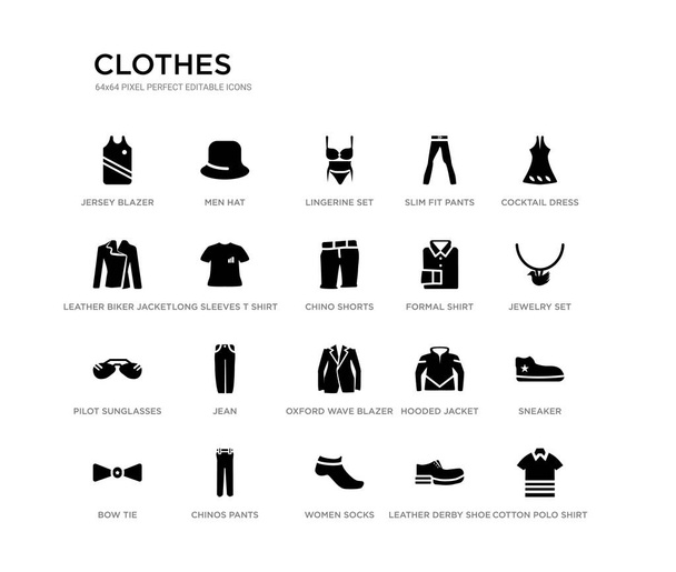 zestaw 20 czarnych ikon wektorowych, takich jak bawełniana koszulka polo, sneaker, zestaw biżuterii, sukienka koktajlowa, skórzane buty Derby, skarpety damskie, skórzana kurtka motocyklowa, spodnie slim fit, zestaw lingerine, kapelusz męski. - Wektor, obraz