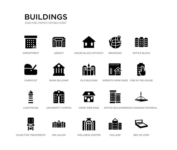 set of 20 black filled vector icons such as bed 3d view, hook hanging material, fire in the house, office block, college, wellness center, carrycot, branches, house black without door, agency. - Vector, Image