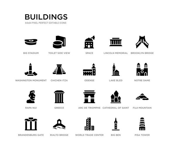 set of 20 black filled vector icons such as pisa tower, fuji mountain, notre dame, brooklyn bridge, big ben, world trade center, washington monument, lincoln memorial, space, toilet side view. - Vector, Image