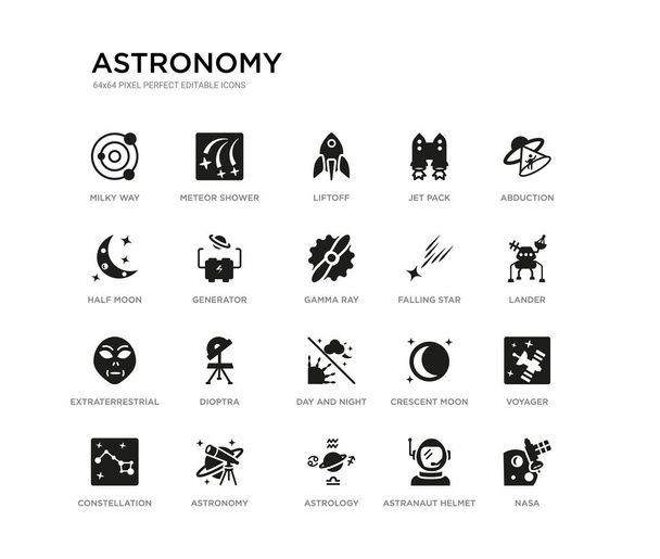 joukko 20 musta täytetty vektori kuvakkeet kuten nasa, voyager, laskeutuja, kaappaus, astranautti kypärä, astrologia, puolikuu, jet pack, hissi, meteorisuihku. Tähtitieteen musta kuvakkeet kokoelma. muokattavissa
 - Vektori, kuva