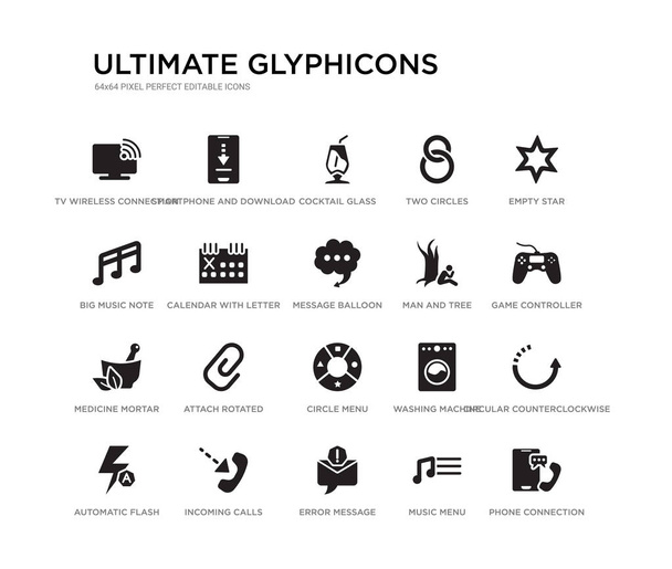 set of 20 black filled vector icons such as phone connection, circular counterclockwise arrows, game controller cross, empty star, music menu, error message, big music note, two circles, cocktail - Vector, Image
