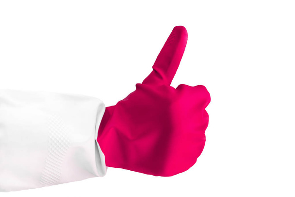 Mano usando guante de goma rosa muestra el pulgar hacia arriba signo, aislado sobre blanco, signo como
 - Foto, imagen
