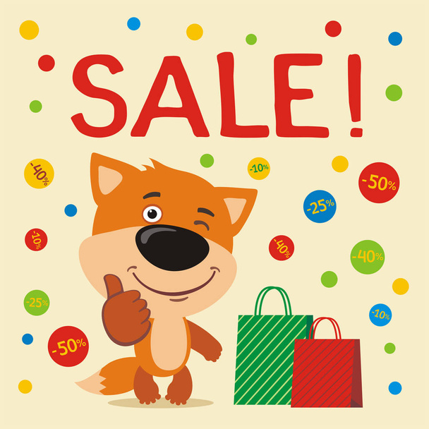 sale card with cute funny cartoon character of fox showing thumb up near shopping bags among discount labels  - Vecteur, image