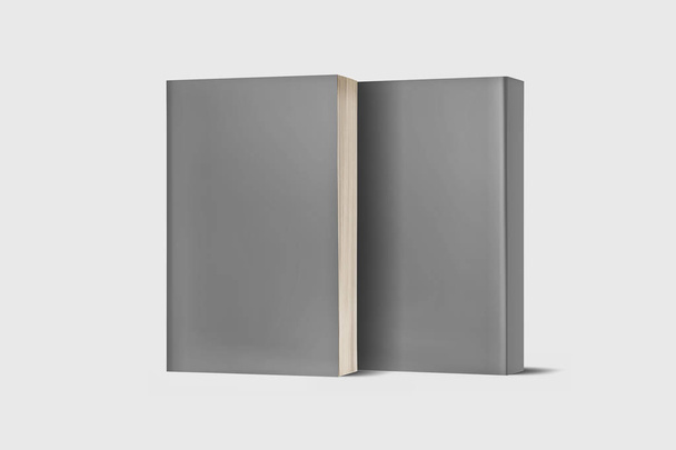 Hardcover boeken sjabloon, lege boeken mockup voorontwerp gebruikt, 3D rendering. Lege grijze boekomslag op zachte grijze achtergrond. Geïsoleerd met uitknippad. - Foto, afbeelding