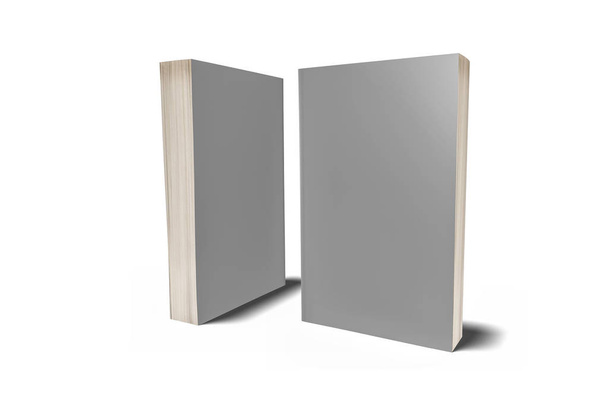 Plantilla de libros de tapa dura, maqueta de libros en blanco para usos de diseño, renderizado 3D. Cubierta de libro gris en blanco sobre fondo gris suave. Aislado con la ruta de recorte
. - Foto, imagen