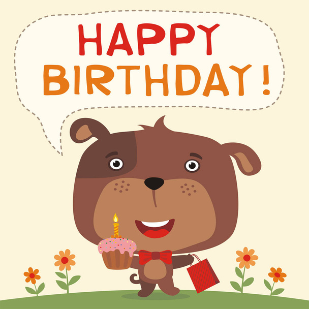greeting card with cute funny cartoon character of dog with cupcake and gift bag on meadow with text Happy birthday - Wektor, obraz