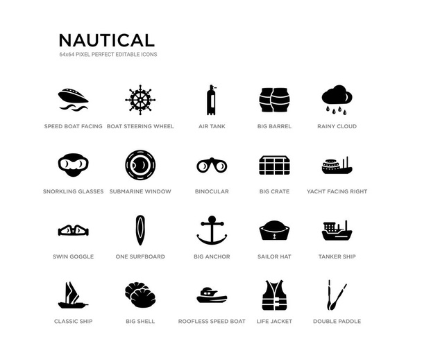 set of 20 black filled vector icons such as double paddle, tanker ship, yacht facing right, rainy cloud, life jacket, roofless speed boat, snorkling glasses, big barrel, air tank, boat steering - Vector, Image