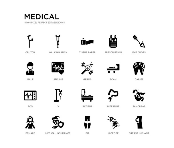 set of 20 black filled vector icons such as breast implant, pancreas, caries, eye drops, microbe, fit, male, prescription, tissue paper, walking stick. medical black icons collection. editable pixel - Vector, Image