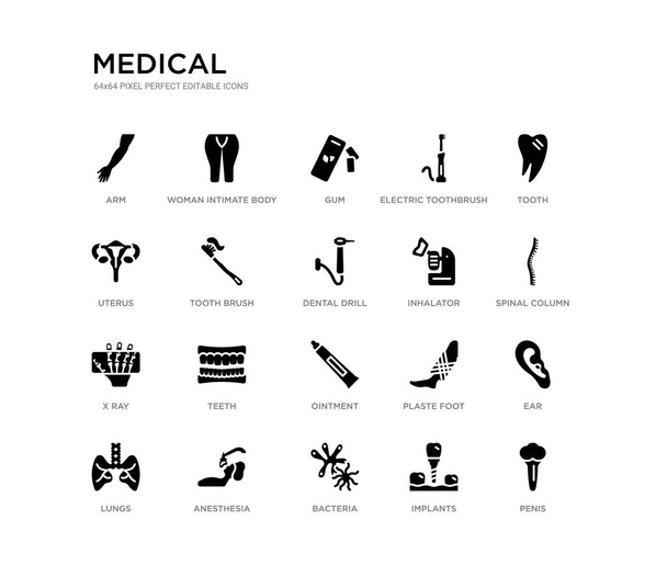 set of 20 black filled vector icons such as penis, ear, spinal column, tooth, implants, bacteria, uterus, electric toothbrush, gum, woman intimate body part. medical black icons collection. editable - Vector, Image