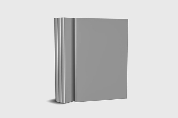 ハードカバーブックテンプレート、デザイン用途のための空白の本のモックアップ、3Dレンダリング。ソフトグレーの背景に空白のグレーのブックカバー。クリッピング パスで分離. - 写真・画像