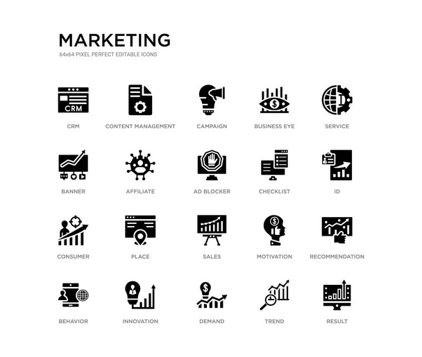 set of 20 black filled vector icons such as result, recommendation, id, service, trend, demand, banner, business eye, campaign, content management. marketing black icons collection. editable pixel - Vektor, obrázek