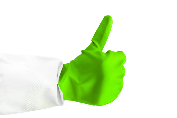 nature conservation hand shows gesture of approval, gesture like, gloves for cleaning garbage, protection of the Earth, green of nature - Фото, зображення