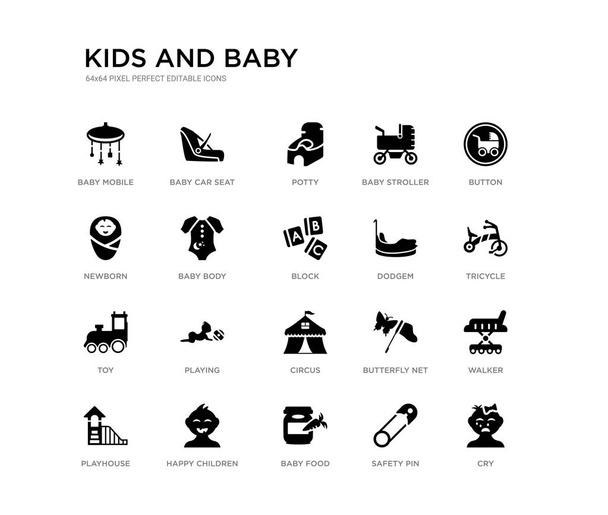 набір з 20 чорних заповнених векторних іконок, таких як плач, ходунки, триколісний велосипед, гудзик, штифт, дитяче харчування, новонароджений, дитяча коляска, горщик, дитяче автокрісло. колекція дитячих та чорних іконок. піксель, який можна редагувати
 - Вектор, зображення