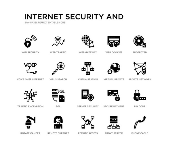 Sada 20 černých ikon, jako je telefonní kabel, PIN kód, soukromá síť, chráněný, proxy server, vzdálený přístup, hlasové služby přes internetový protokol, webové soubory cookie, webové brány, webový provoz. - Vektor, obrázek