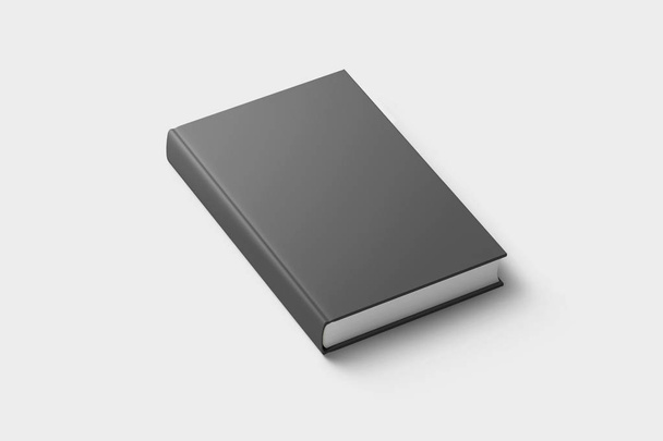 Modelo de livro de capa dura, maquete de livro em branco para usos de design, renderização 3D. Capa de livro cinza em branco no fundo cinza macio. Isolado com caminho de recorte
. - Foto, Imagem