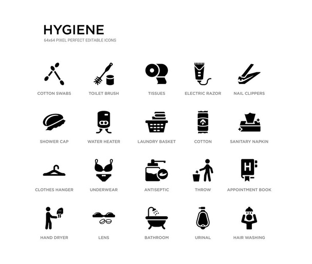 Set von 20 schwarz gefüllten Vektorsymbolen wie Haarwäsche, Terminbuch, Damenserviette, Nagelschere, Urinal, Badezimmer, Duschhaube, Rasiermesser, Taschentücher, Toilettenbürste. Schwarze Symbole für Hygiene - Vektor, Bild