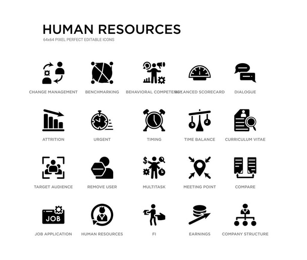 set of 20 black filled vector icons such as company structure, compare, curriculum vitae, dialogue, earnings, fi, attrition, balanced scorecard, behavioral competency, benchmarking. human resources - Vector, Image