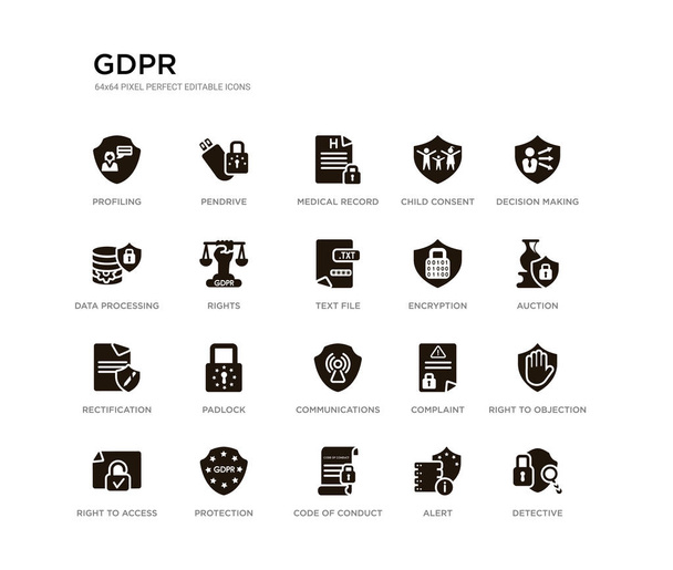set of 20 black filled vector icons such as detective, right to objection, auction, decision making, alert, code of conduct, data processing, child consent, medical record, pendrive. gdpr black - Vector, Image