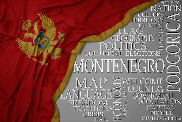 sventolando colorata bandiera nazionale di montenegro su sfondo grigio con parole importanti sul paese
 - Foto, immagini