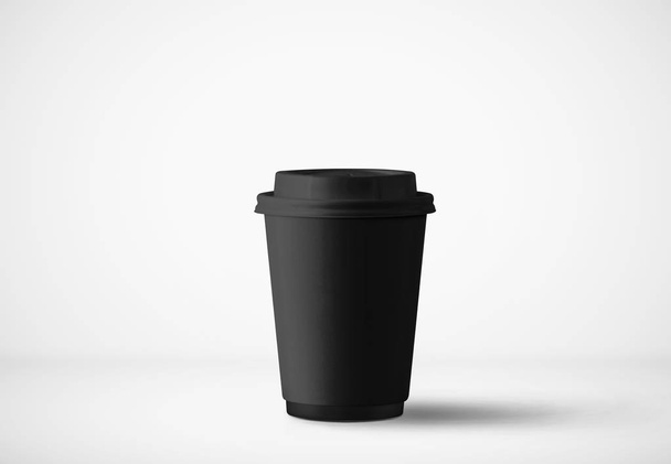 Black paper cup with cap isolated on soft gray background, 3D rendering. - Photo, Image