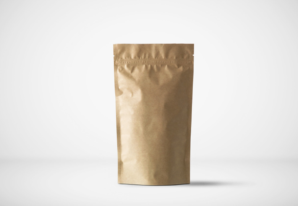 Blank packaging recycled kraft paper bag on soft gray background. 3D rendering. - Photo, Image