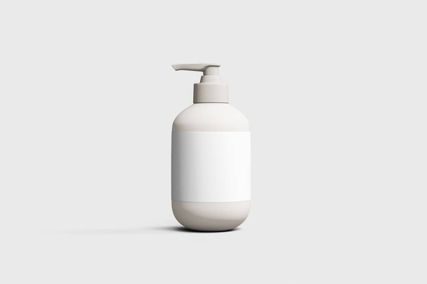 Plastová láhev z umělé hmoty s rozprašovacím čerpadlem průhledná a bílá pro tekutý gel, mýdlo, Lotion, smetanu, šampon izolovaný na měkkém šedém pozadí. 3D ilustrace - Fotografie, Obrázek