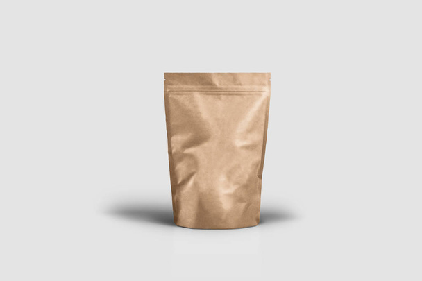茶色のペーパーフード袋の包装のモックアップ、ソフトグレーの背景にバルブとシール付き。3d イラストレーション - 写真・画像