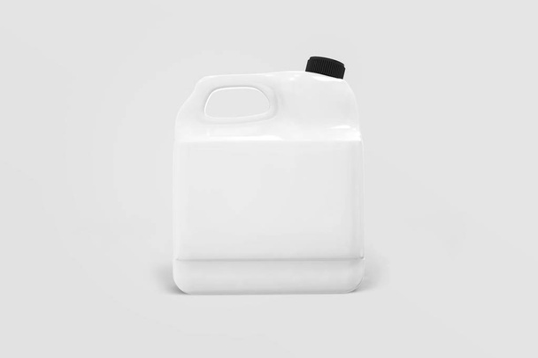 Puste plastikowe biały kanister makieta płyn do prania detergentu pakiet izolowany na miękkim szarym tle. ilustracja 3D. - Zdjęcie, obraz