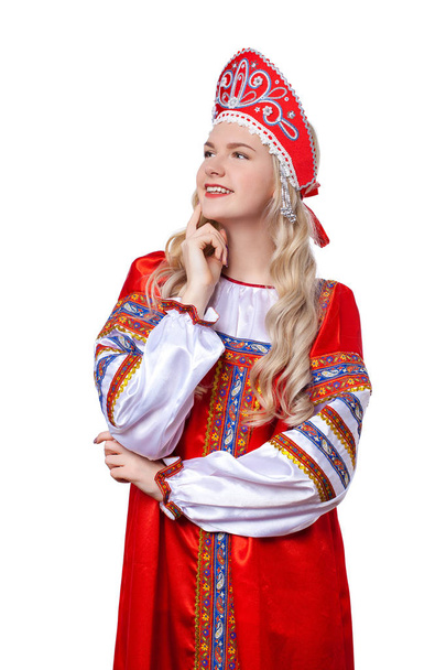 Traditional Russian folk costume, portrait of a young beautiful  - Φωτογραφία, εικόνα
