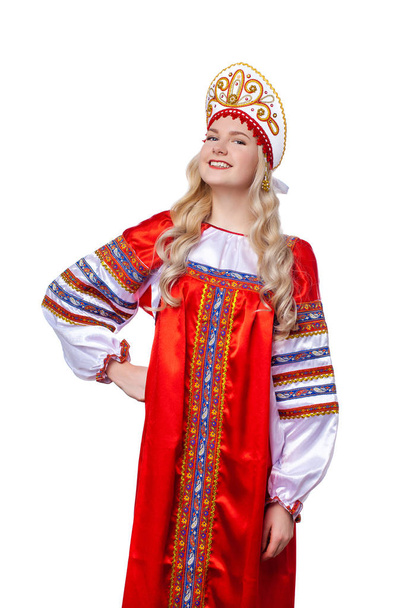 Traditional Russian folk costume, portrait of a young beautiful  - Φωτογραφία, εικόνα