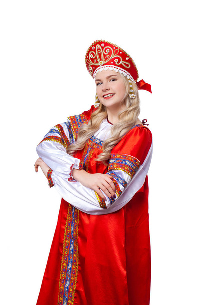 Traditional Russian folk costume, portrait of a young beautiful  - Photo, Image
