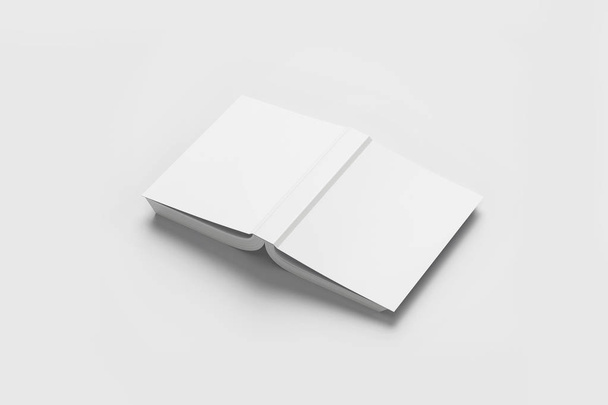Libro de tapa blanda en blanco o plantilla de revista sobre un fondo gris suave.Ilustración 3D.
 - Foto, imagen