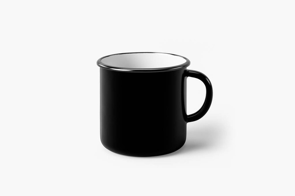 Black Enamel Mug Mock-Up ізольовано на м'якому сірому фоні. Може використовуватися для вашого дизайну та брендингу
. - Фото, зображення