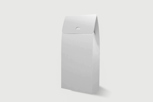 Пакет для вашего логотипа и дизайна Легко изменить цвет макета на мягком сером фоне. Белые бумажные пакеты упаковки шаблон дизайн пакет обед мешок переработанных органических пищевых мешков. 3D рендеринг
 - Фото, изображение