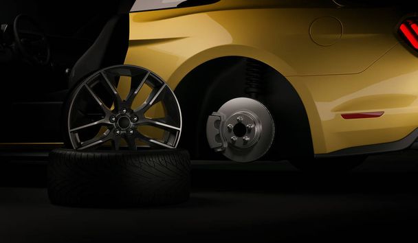 Дорогостоящий роскошный спортивный автомобиль купе ремонт шин на сервисе шин. Ремонтировать колесо прокола. 3D рендеринг
 - Фото, изображение
